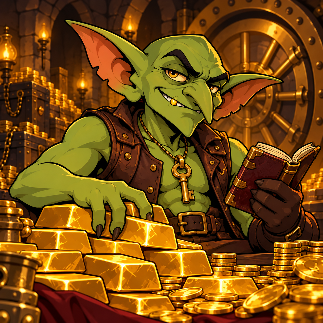 Gob counts his gold while holding his suspiciously small ledger