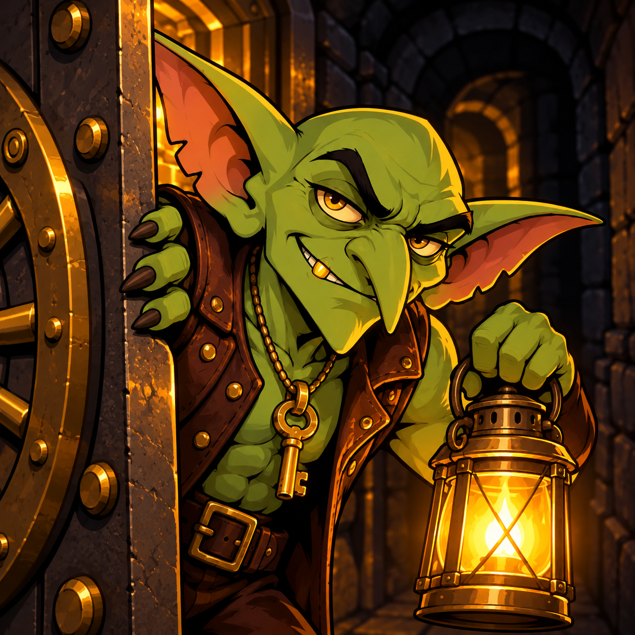 Gob peeks around the vault door holding a lantern