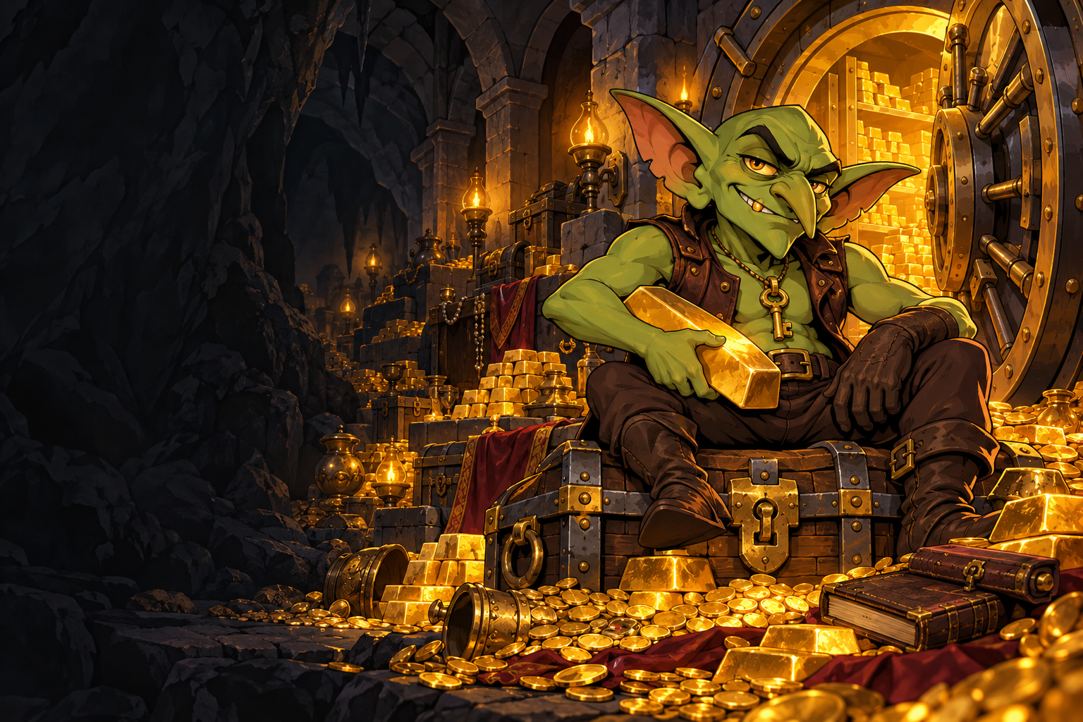 A grinning green goblin guards a gold-filled underground vault